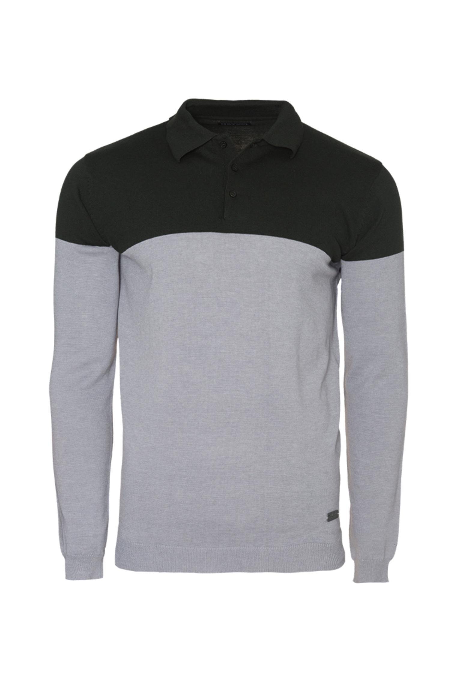 Knitwear - Contrast Knitted Polo Long Sleeve Black Grey