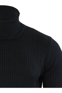 Knitwear - Ribbed Roll Neck Lightweight Knit Black